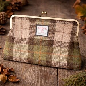 Harris Tweed green and brown check large kisslock clutch bag by  kimberleymac